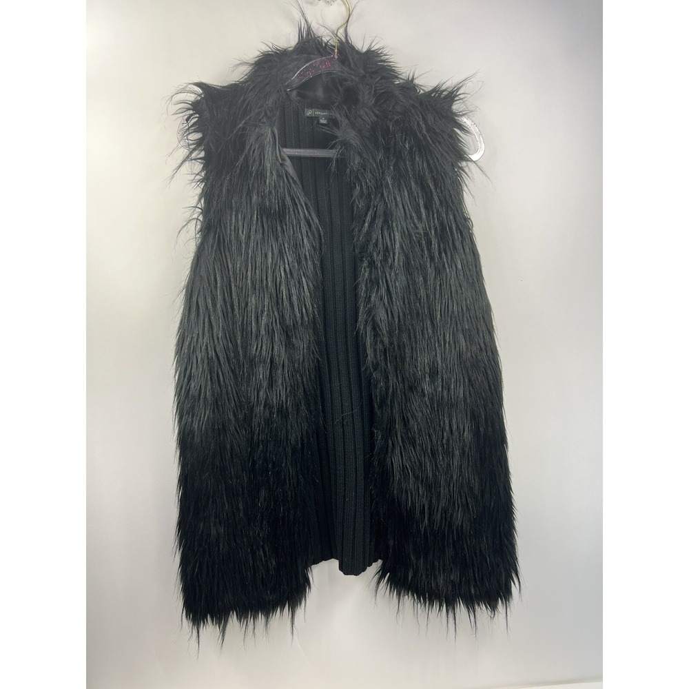 Adrianna Papell Faux Fur Vest Women's Size M Black Stand Up Collar Sweater Back